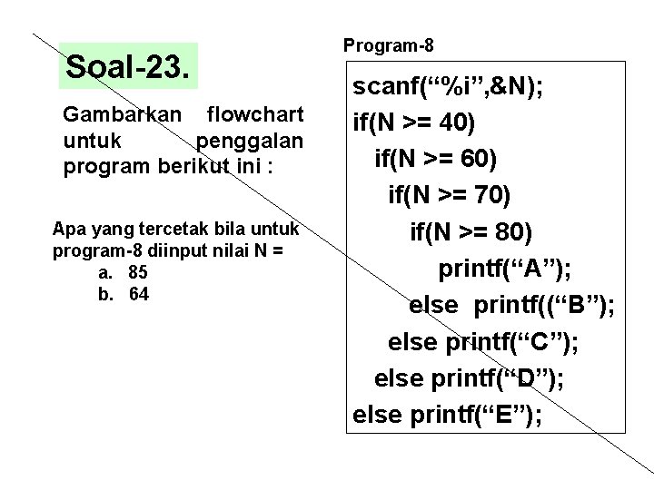 Soal-23. Gambarkan flowchart untuk penggalan program berikut ini : Apa yang tercetak bila untuk