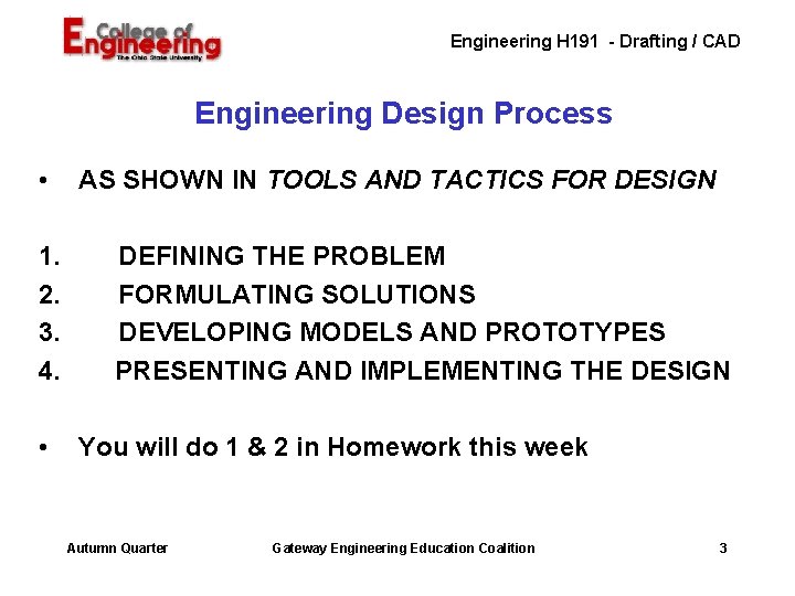 Engineering H 191 - Drafting / CAD Engineering Design Process • 1. 2. 3.