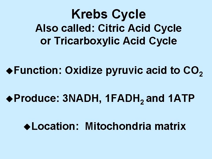Krebs Cycle Also called: Citric Acid Cycle or Tricarboxylic Acid Cycle u. Function: Oxidize