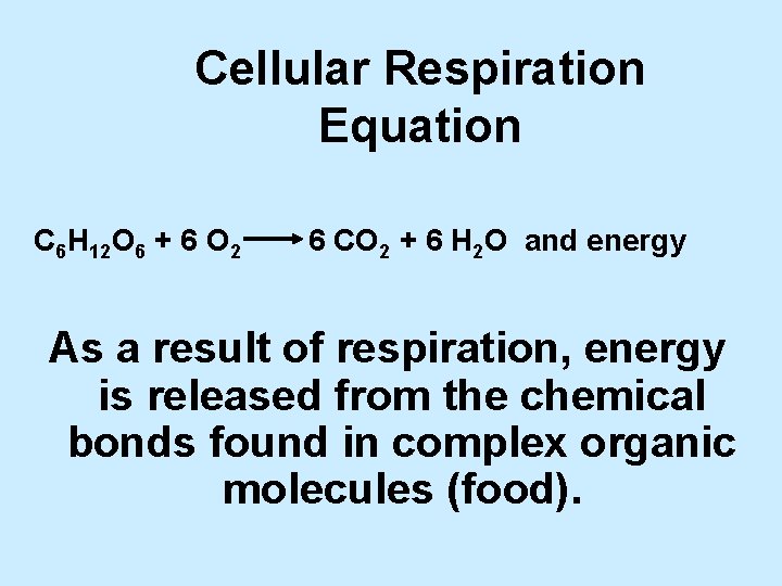 Cellular Respiration Equation C 6 H 12 O 6 + 6 O 2 6