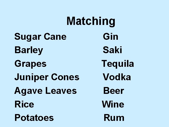 Matching Sugar Cane Barley Grapes Juniper Cones Agave Leaves Rice Potatoes Gin Saki Tequila