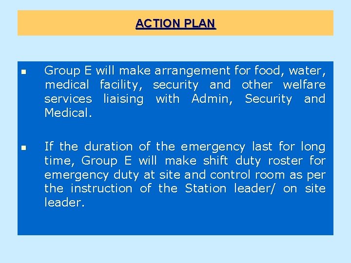 ACTION PLAN n n Group E will make arrangement for food, water, medical facility,