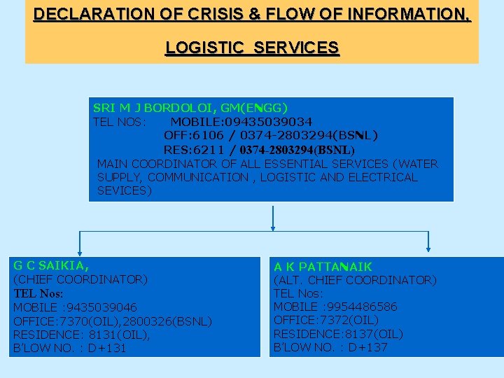 DECLARATION OF CRISIS & FLOW OF INFORMATION, LOGISTIC SERVICES SRI M J BORDOLOI, GM(ENGG)