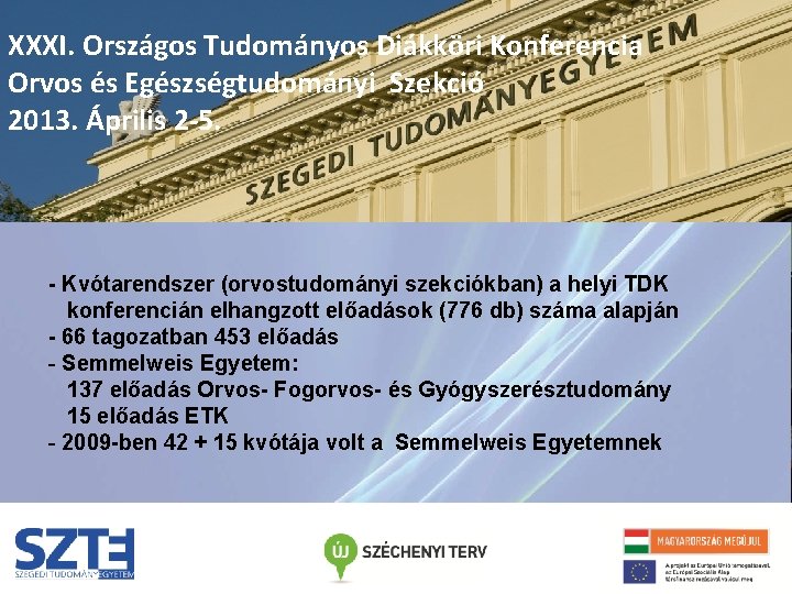 XXXI. Országos Tudományos Diákköri Konferencia Orvos és Egészségtudományi Szekció 2013. Április 2 -5. -