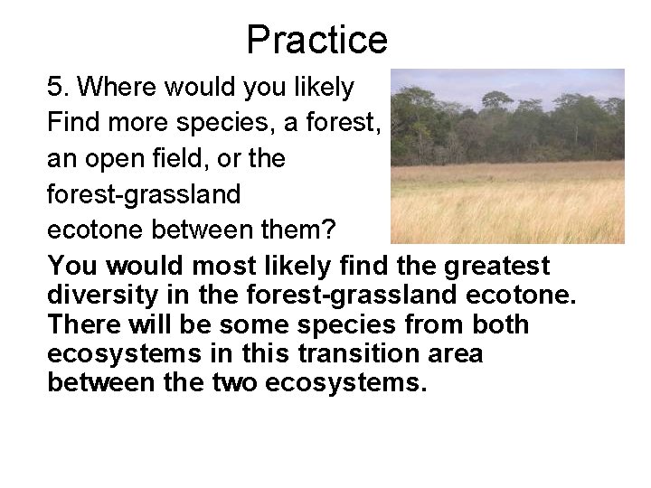 Practice 5. Where would you likely Find more species, a forest, an open field,