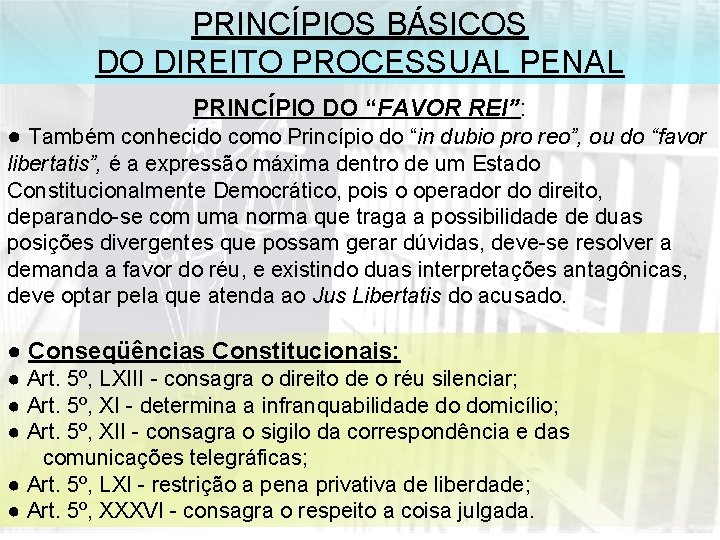 PRINCÍPIOS BÁSICOS DO DIREITO PROCESSUAL PENAL PRINCÍPIO DO “FAVOR REI”: ● Também conhecido como