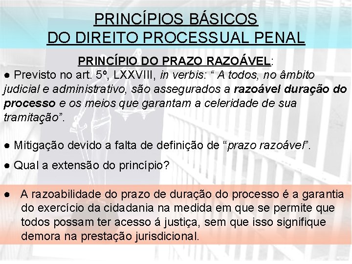 PRINCÍPIOS BÁSICOS DO DIREITO PROCESSUAL PENAL PRINCÍPIO DO PRAZOÁVEL: ● Previsto no art. 5º,