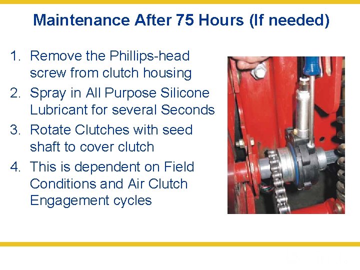 Maintenance After 75 Hours (If needed) 1. Remove the Phillips-head screw from clutch housing