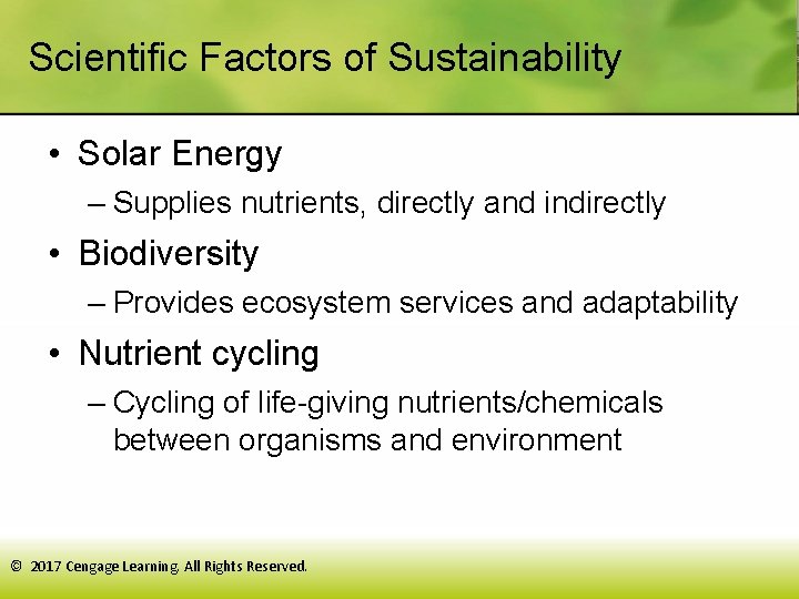 Scientific Factors of Sustainability • Solar Energy – Supplies nutrients, directly and indirectly •