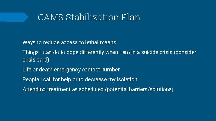 CAMS Stabilization Plan Ways to reduce access to lethal means Things I can do