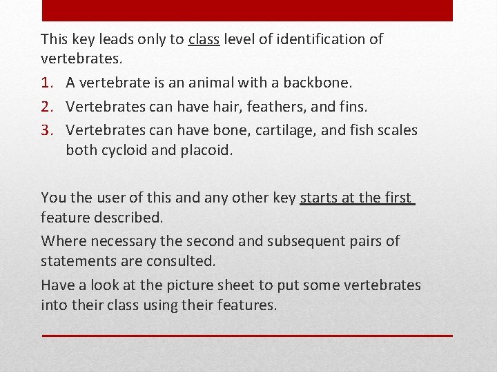 This key leads only to class level of identification of vertebrates. 1. A vertebrate