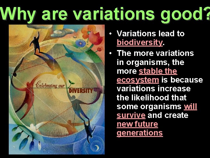 Why are variations good? • Variations lead to biodiversity. • The more variations in