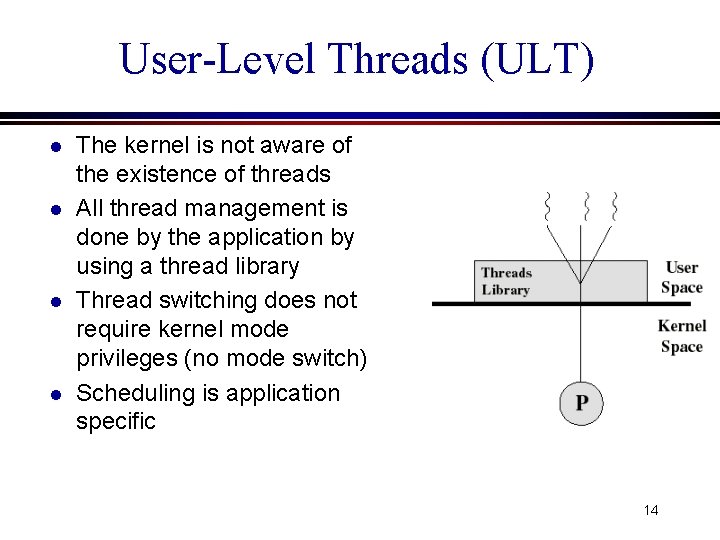User-Level Threads (ULT) l l The kernel is not aware of the existence of User-Level Threads (ULT) l l The kernel is not aware of the existence of