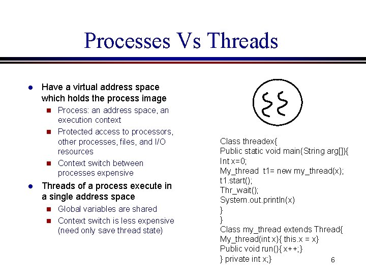 Processes Vs Threads l Have a virtual address space which holds the process image Processes Vs Threads l Have a virtual address space which holds the process image