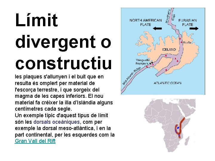 Límit divergent o constructiu les plaques s'allunyen i el buit que en resulta és