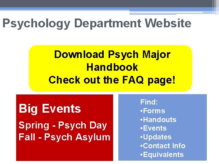 Psychology Department Website Download Psych Major Handbook Check out the FAQ page! Big Events