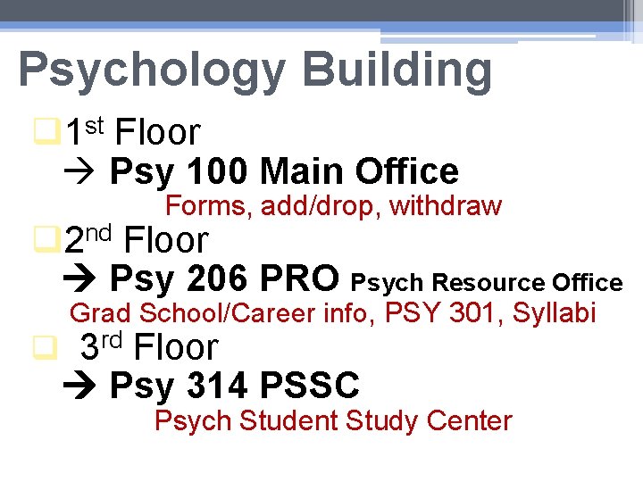 Psychology Building q 1 st Floor Psy 100 Main Office Forms, add/drop, withdraw q