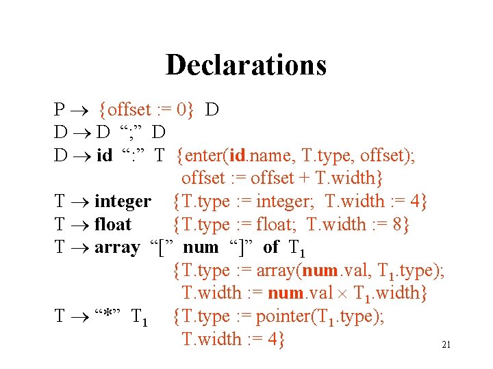 Declarations P {offset : = 0} D D D “; ” D D id