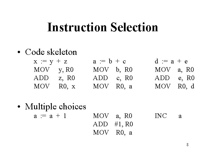 Instruction Selection • Code skeleton x : = y MOV ADD MOV + z
