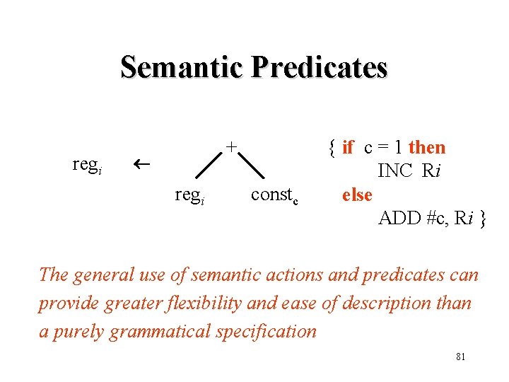 Semantic Predicates regi + regi constc { if c = 1 then INC Ri