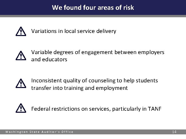 We found four areas of risk Variations in local service delivery Variable degrees of