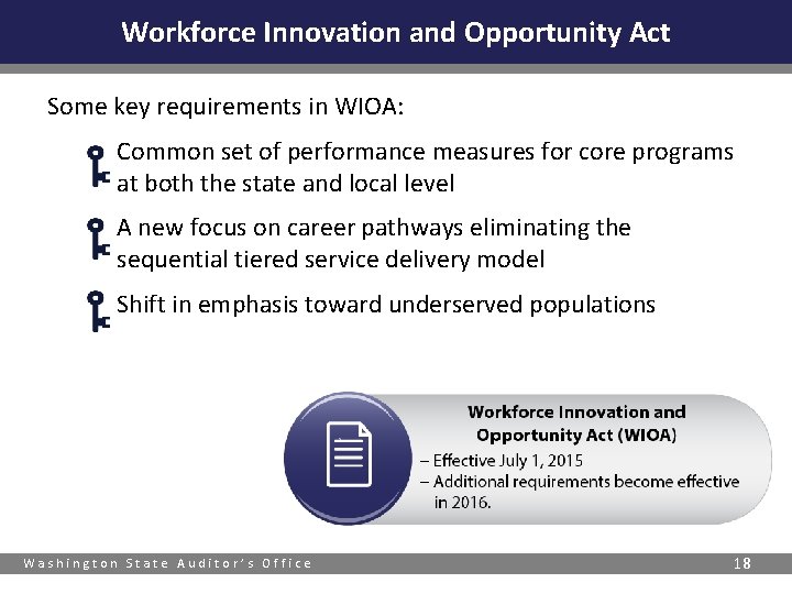 Workforce Innovation and Opportunity Act Some key requirements in WIOA: Common set of performance