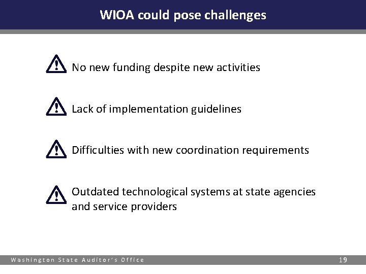 WIOA could pose challenges ü No new funding despite new activities ü Lack of