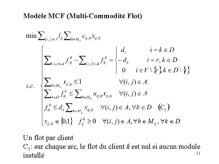 Modèle MCF (Multi-Commodité Flot) Un flot par client C 1: sur chaque arc, le