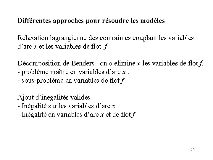 Différentes approches pour résoudre les modèles Relaxation lagrangienne des contraintes couplant les variables d’arc