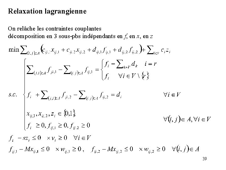 Relaxation lagrangienne On relâche les contraintes couplantes décomposition en 3 sous-pbs indépendants en f,