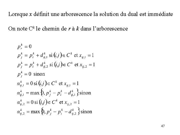 Lorsque x définit une arborescence la solution du dual est immédiate On note Ck