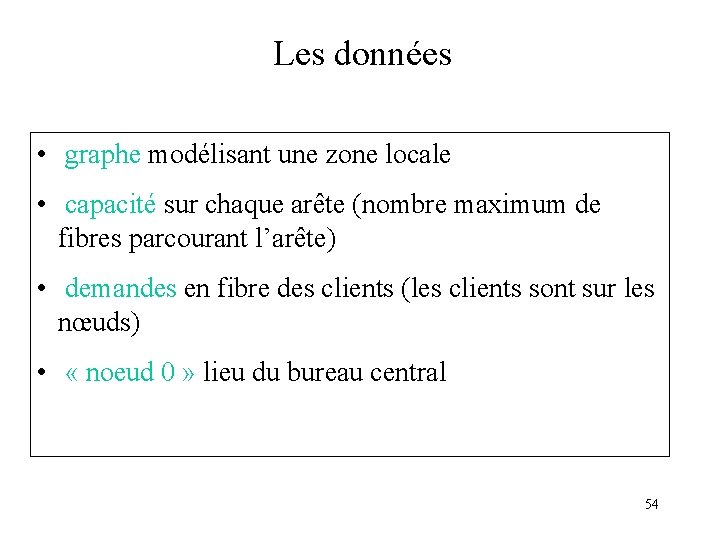 Les données • graphe modélisant une zone locale • capacité sur chaque arête (nombre