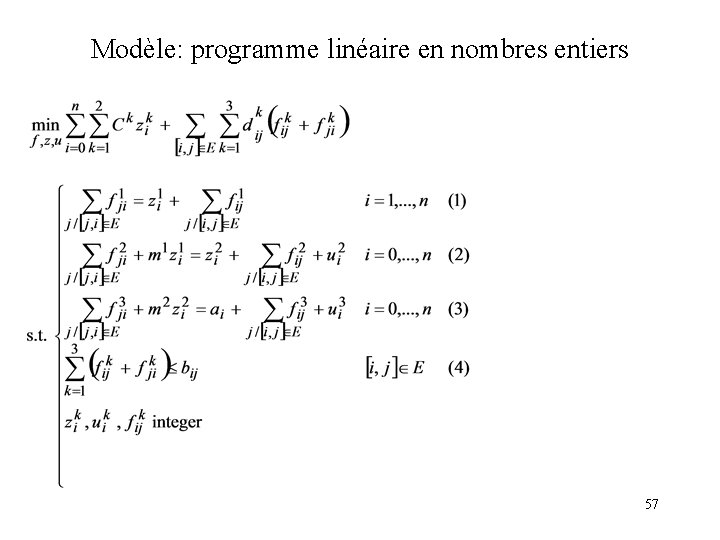 Modèle: programme linéaire en nombres entiers 57 
