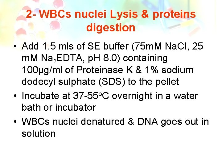 2 - WBCs nuclei Lysis & proteins digestion • Add 1. 5 mls of