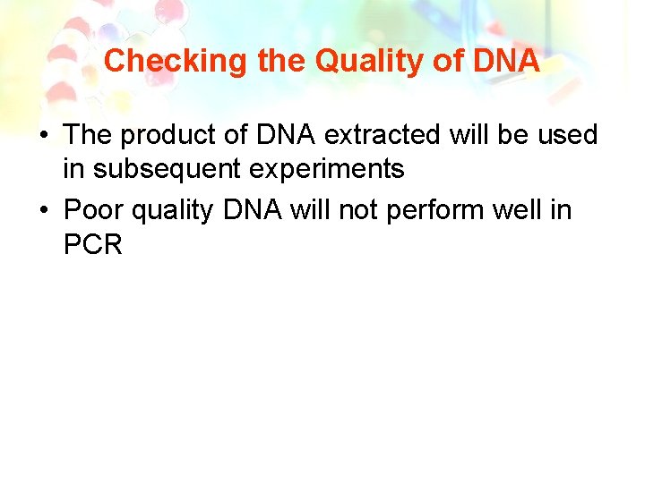 Checking the Quality of DNA • The product of DNA extracted will be used