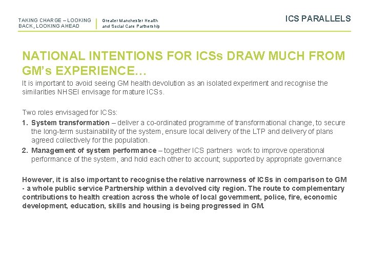 TAKING CHARGE – LOOKING BACK, LOOKING AHEAD Greater Manchester Health and Social Care Partnership