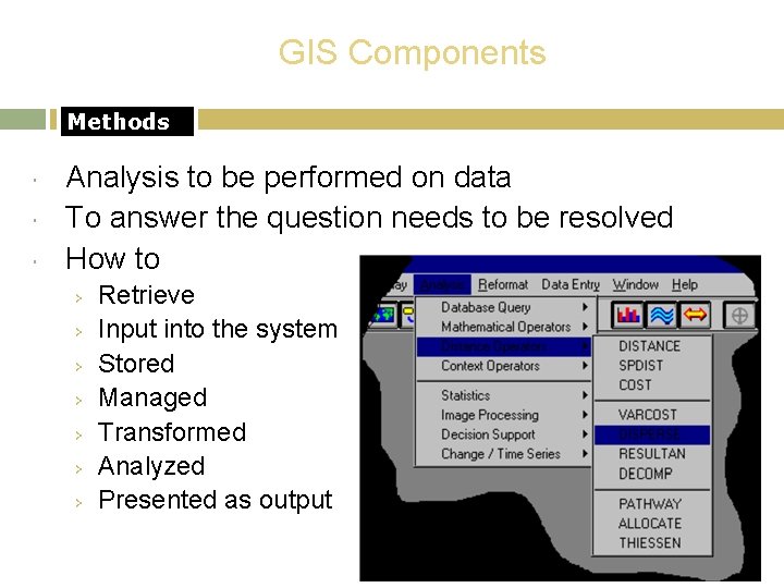 GIS Components Methods Analysis to be performed on data To answer the question needs