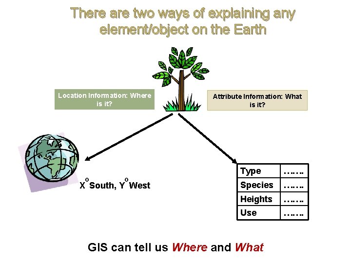There are two ways of explaining any element/object on the Earth Location Information: Where