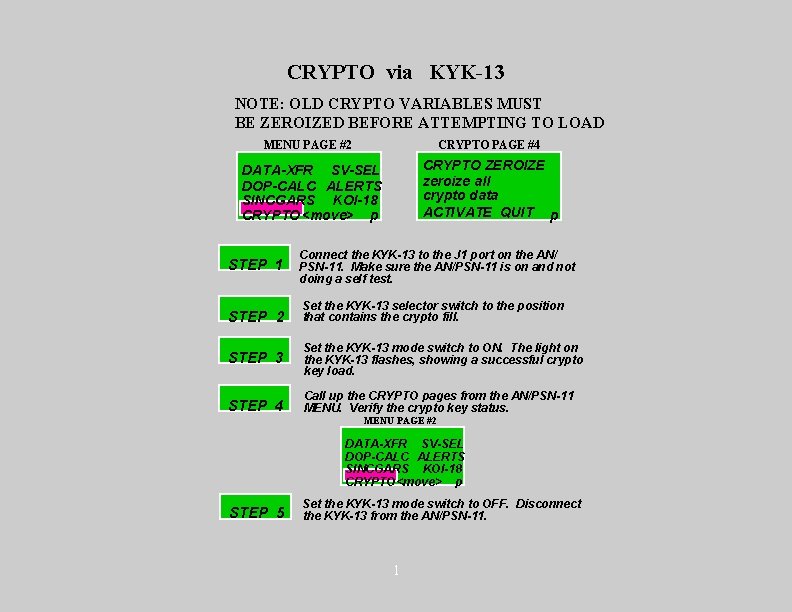 CRYPTO via KYK-13 NOTE: OLD CRYPTO VARIABLES MUST BE ZEROIZED BEFORE ATTEMPTING TO LOAD