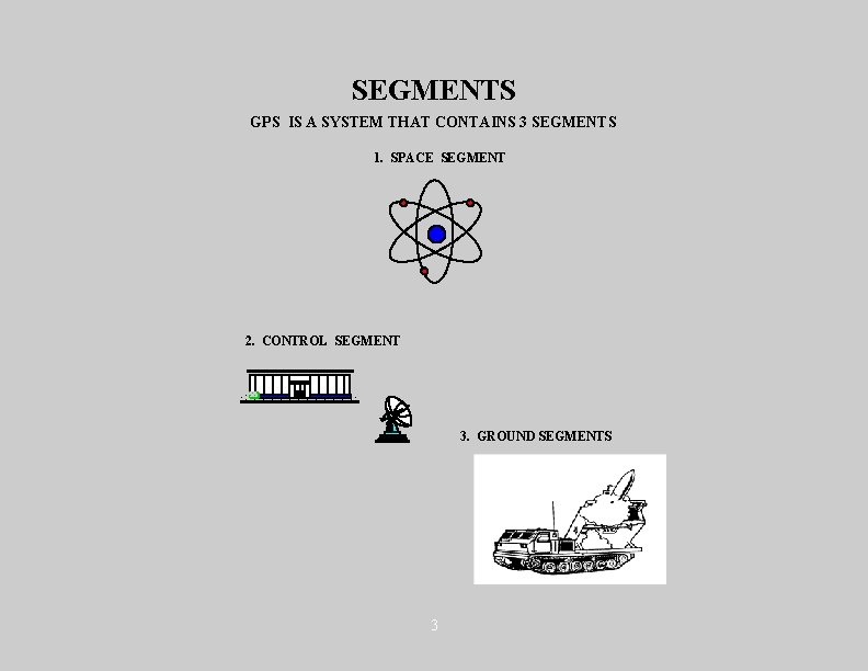 SEGMENTS GPS IS A SYSTEM THAT CONTAINS 3 SEGMENTS 1. SPACE SEGMENT 2. CONTROL