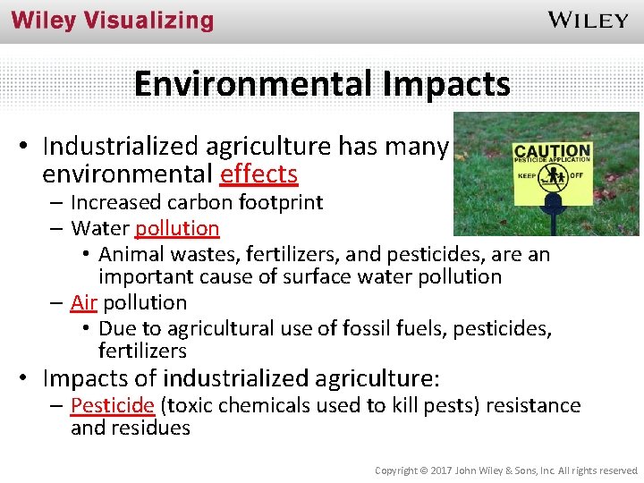 Environmental Impacts • Industrialized agriculture has many environmental effects – Increased carbon footprint –