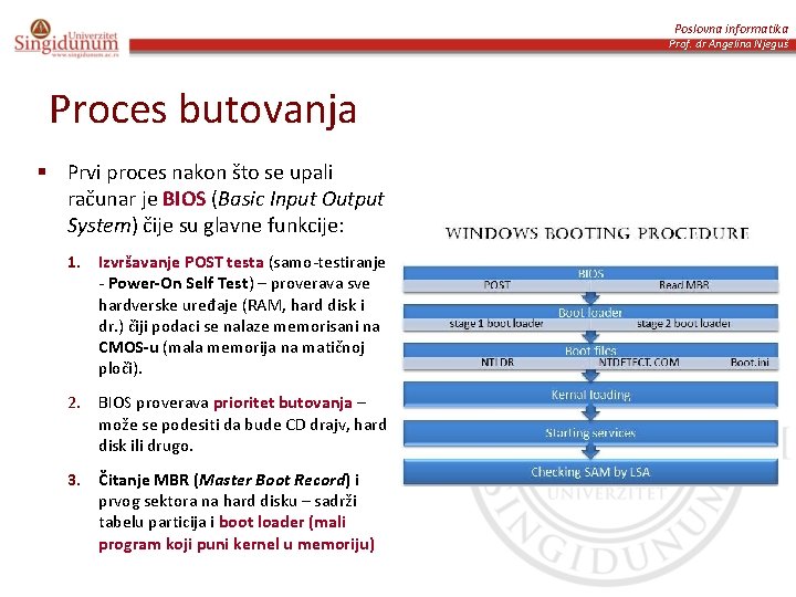 Poslovna informatika Prof. dr Angelina Njeguš Proces butovanja § Prvi proces nakon što se