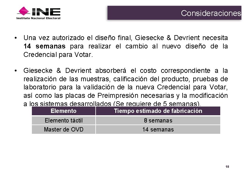 Consideraciones • Una vez autorizado el diseño final, Giesecke & Devrient necesita 14 semanas Consideraciones • Una vez autorizado el diseño final, Giesecke & Devrient necesita 14 semanas