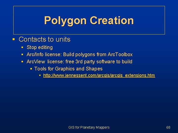 Polygon Creation § Contacts to units § § § Stop editing Arc/Info license: Build Polygon Creation § Contacts to units § § § Stop editing Arc/Info license: Build
