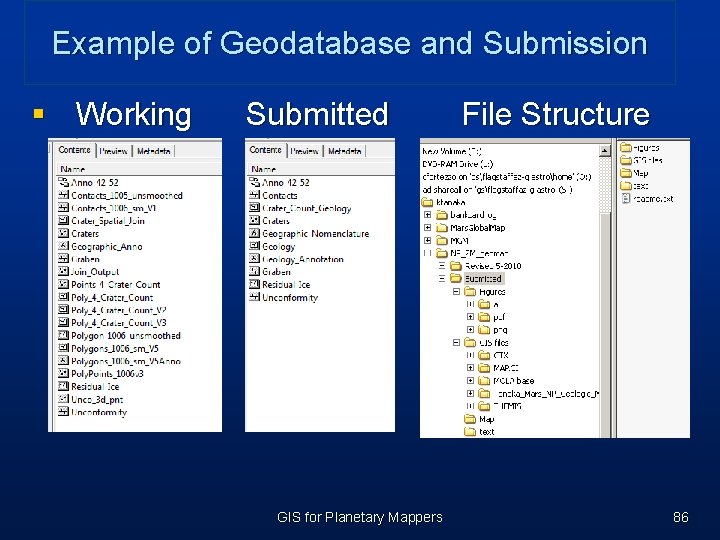 Example of Geodatabase and Submission § Working Submitted GIS for Planetary Mappers File Structure Example of Geodatabase and Submission § Working Submitted GIS for Planetary Mappers File Structure