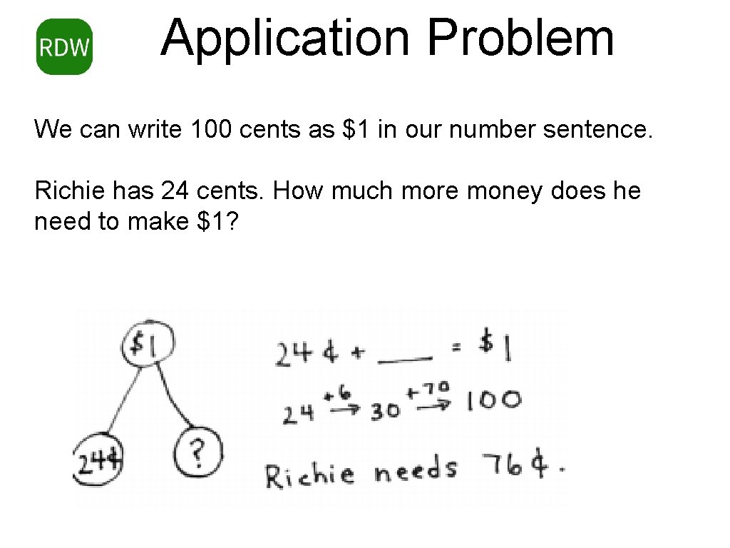 Application Problem We can write 100 cents as $1 in our number sentence. Richie Application Problem We can write 100 cents as $1 in our number sentence. Richie