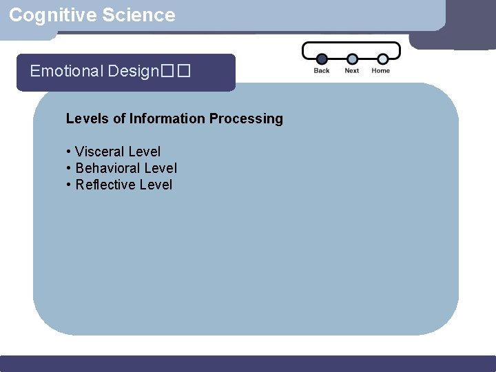Cognitive Science Emotional Design�� Levels of Information Processing • Visceral Level • Behavioral Level