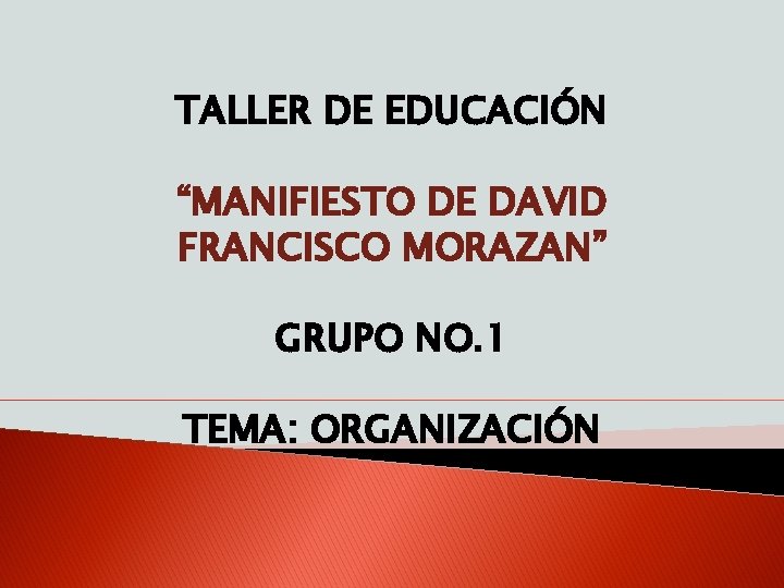 TALLER DE EDUCACIÓN “MANIFIESTO DE DAVID FRANCISCO MORAZAN” GRUPO NO. 1 TEMA: ORGANIZACIÓN 