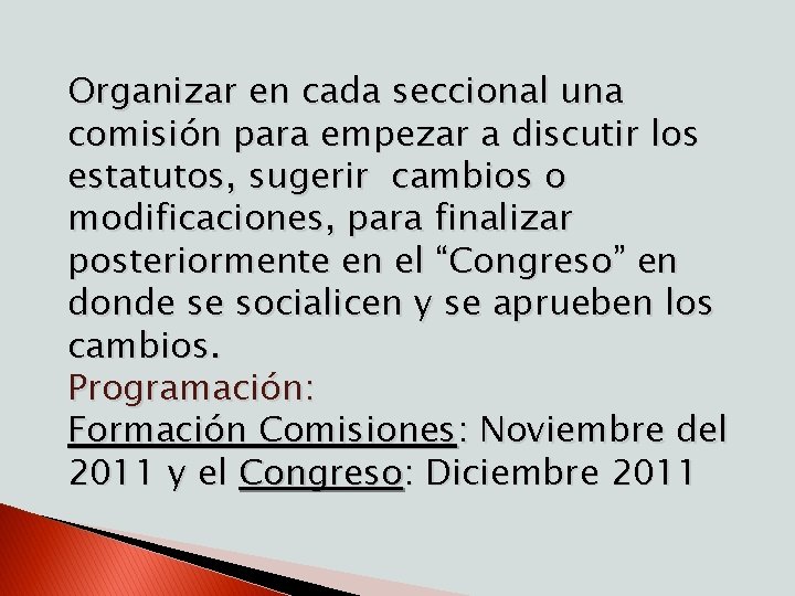 Organizar en cada seccional una comisión para empezar a discutir los estatutos, sugerir cambios