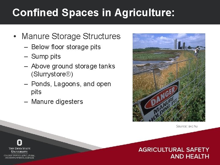 Confined Spaces in Agriculture: • Manure Storage Structures – Below floor storage pits –